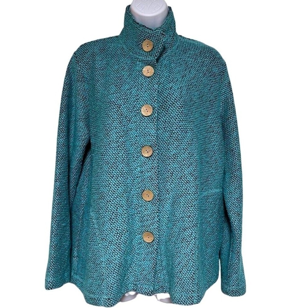 Blair Womens Teal Textured Knit Mock Neck Button Front Cardigan Jacket Size S